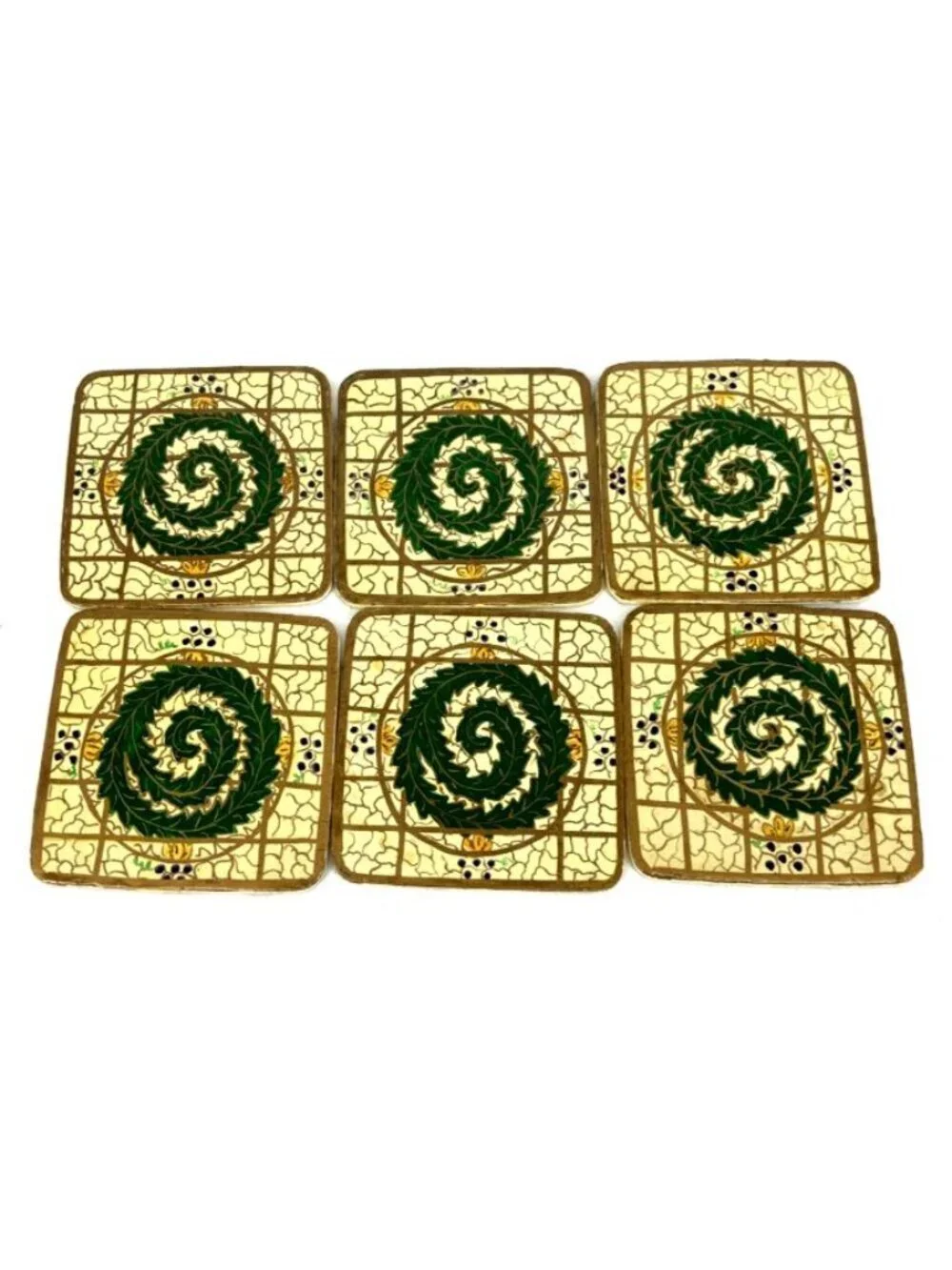 India Coasters Hand Painted Lacquered Paper Mache 6 Coasters w/ Box